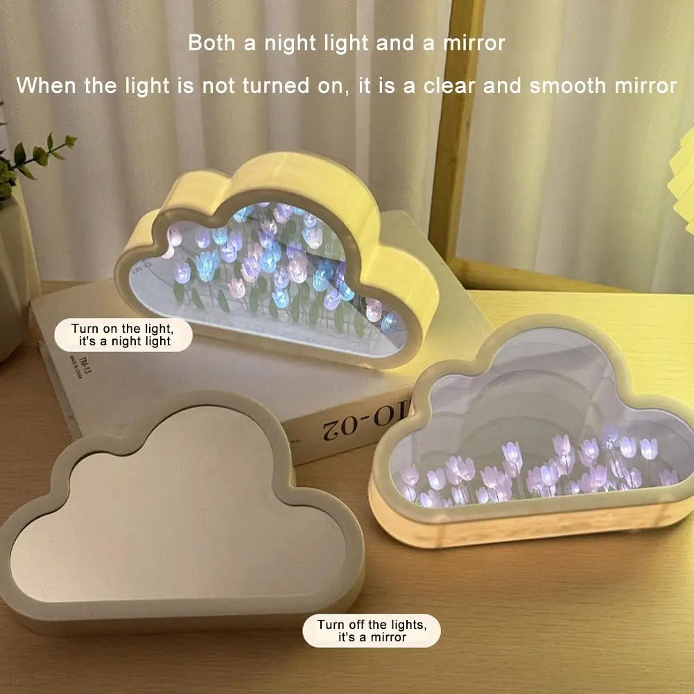 DIY Cloud Tulip LED Night Light Creative Sea Of Flowers Night Lamp Mirror Table Lamps Atmosphere Light Birthday Gift Home Decor