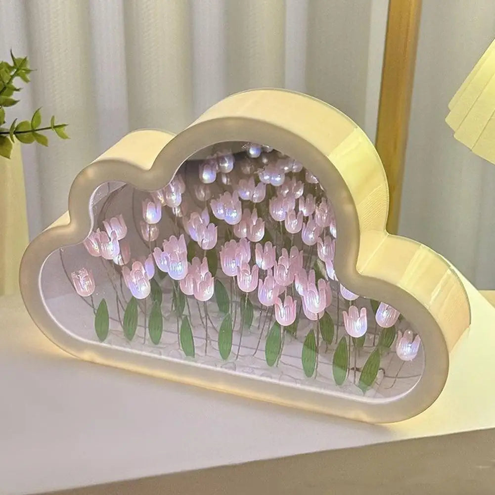 DIY Cloud Tulip LED Night Light Creative Sea Of Flowers Night Lamp Mirror Table Lamps Atmosphere Light Birthday Gift Home Decor