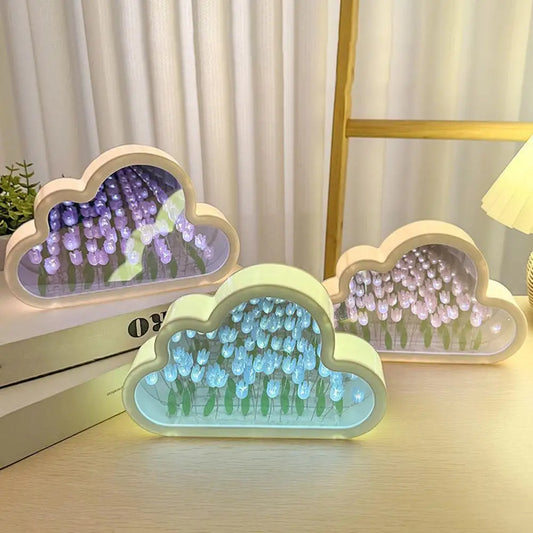 DIY Cloud Tulip LED Night Light Creative Sea Of Flowers Night Lamp Mirror Table Lamps Atmosphere Light Birthday Gift Home Decor