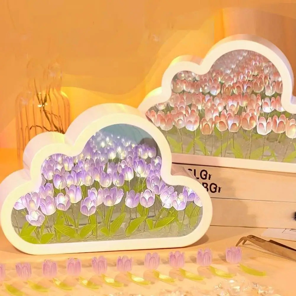 DIY Cloud Tulip LED Night Light Creative Sea Of Flowers Night Lamp Mirror Table Lamps Atmosphere Light Birthday Gift Home Decor